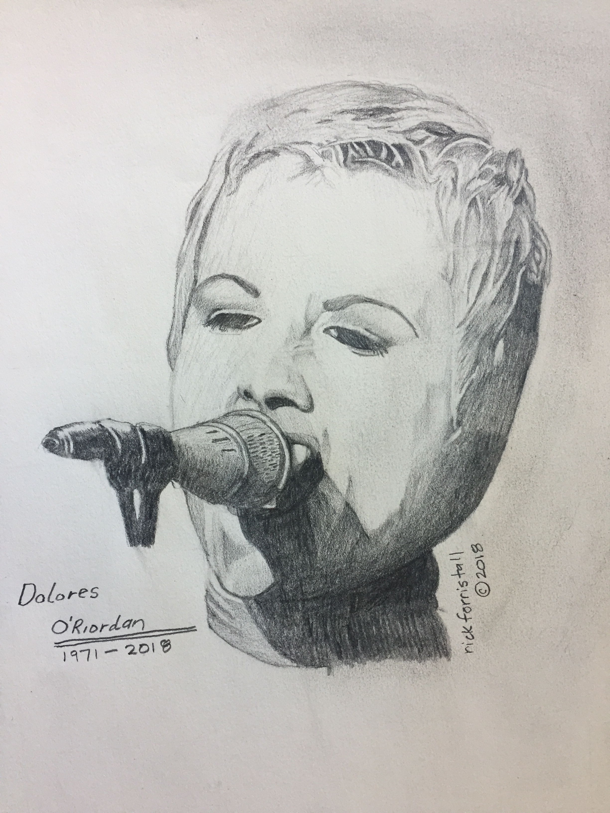 Pencil drawing of Delores O'Riordan