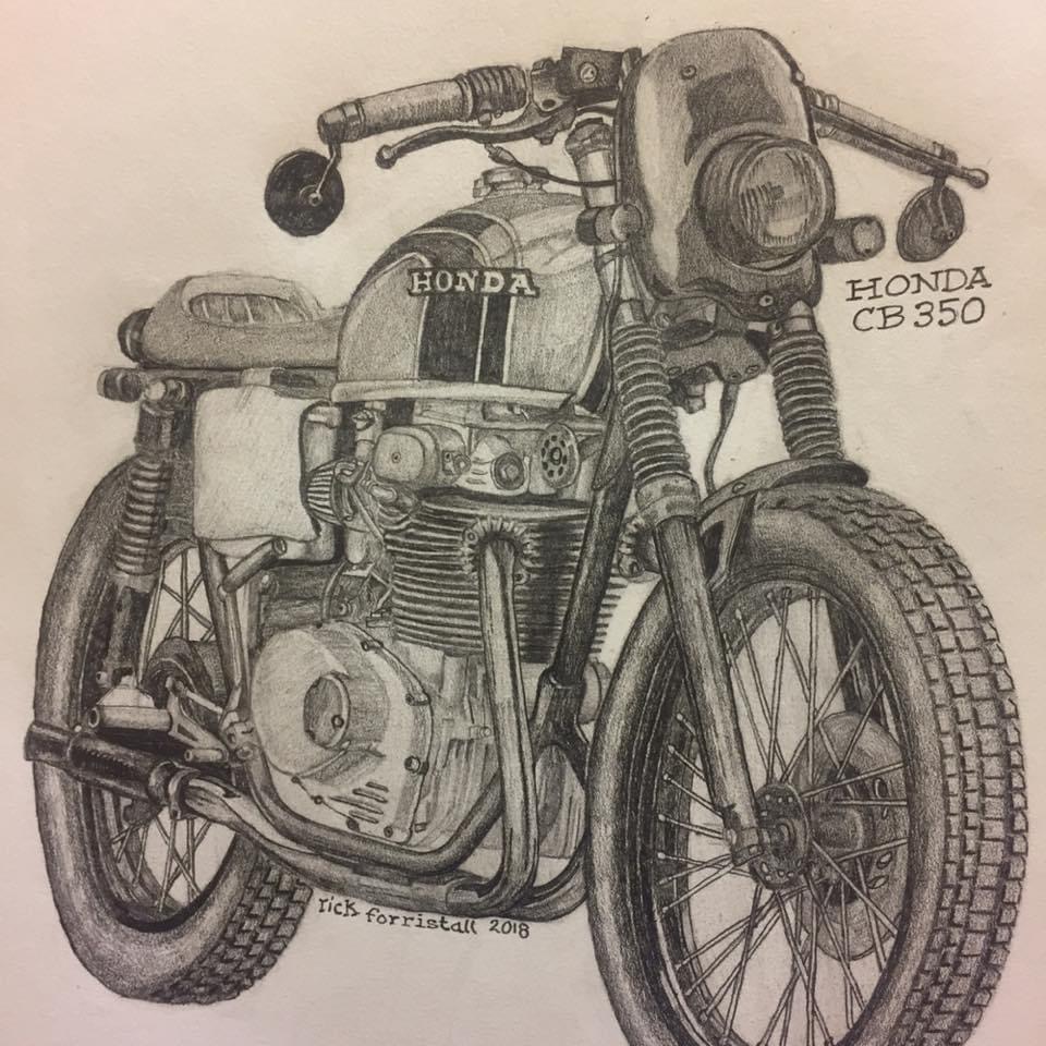 Pencil drawing of a 1970s era Honda CB350