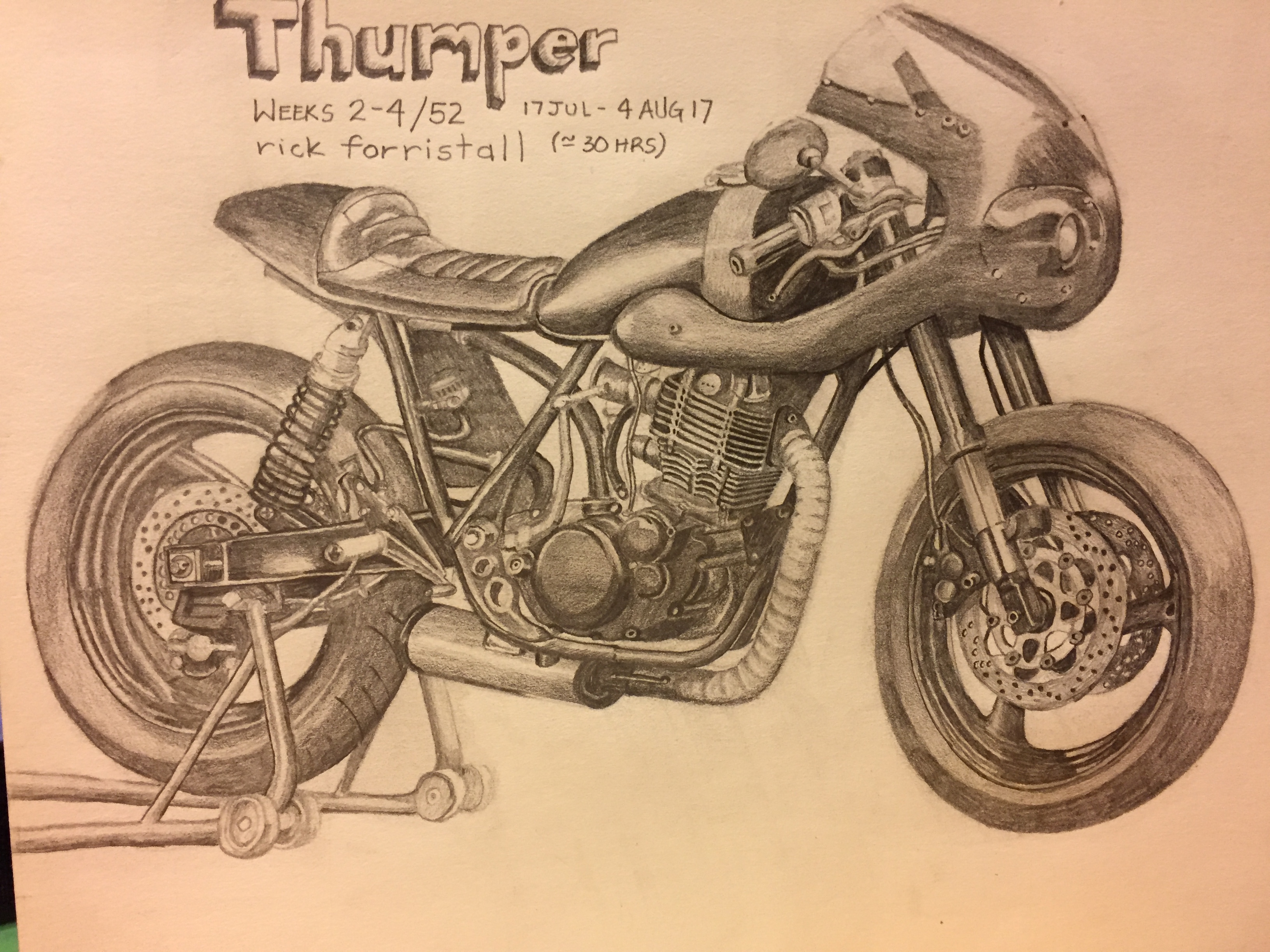 Pencil drawing of a single cylinder 'thumper' motorcycle